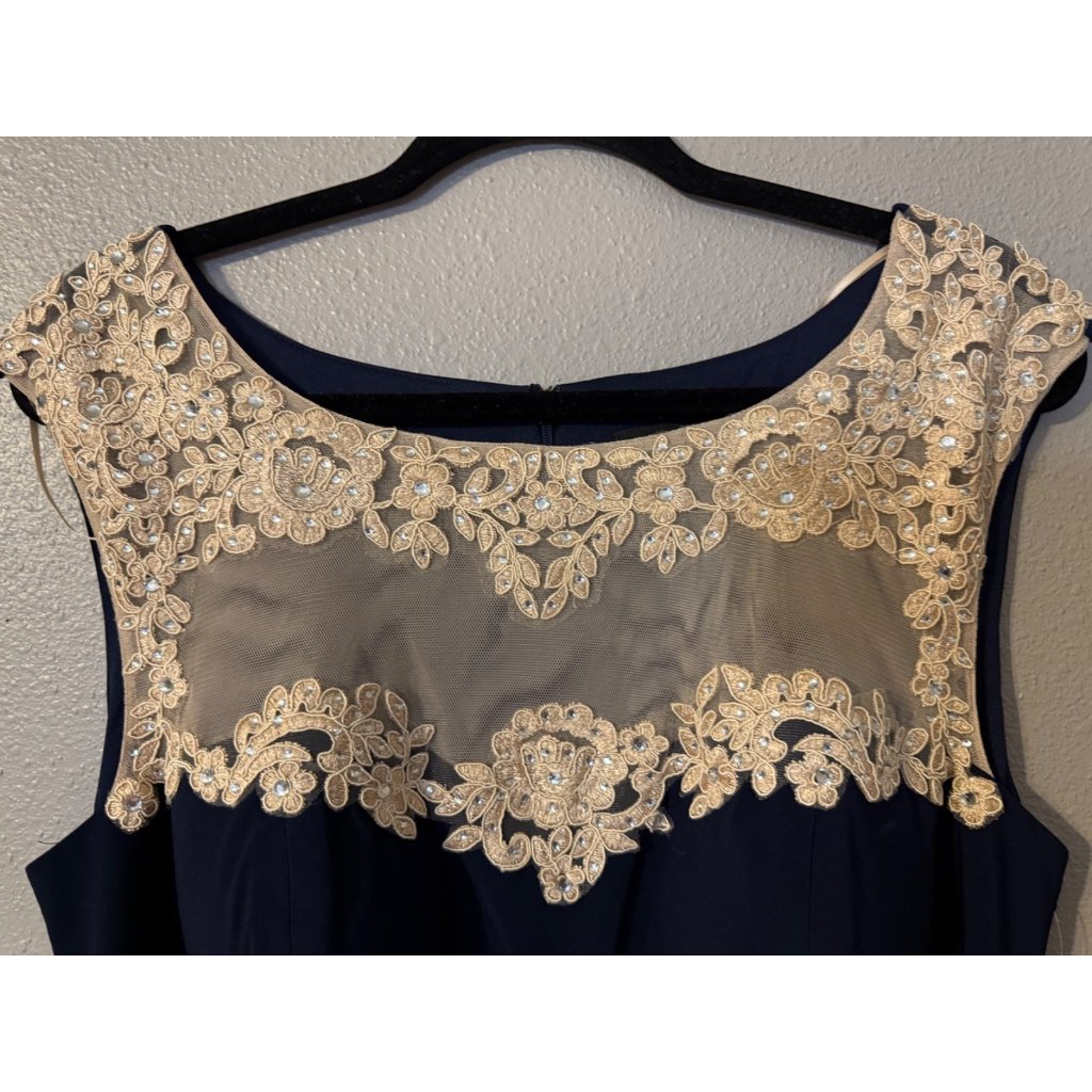 Alex Evenings Dress Navy Blue Gold 8 Long Ruffle Wedding Cruise Formal New — image 5 of 8